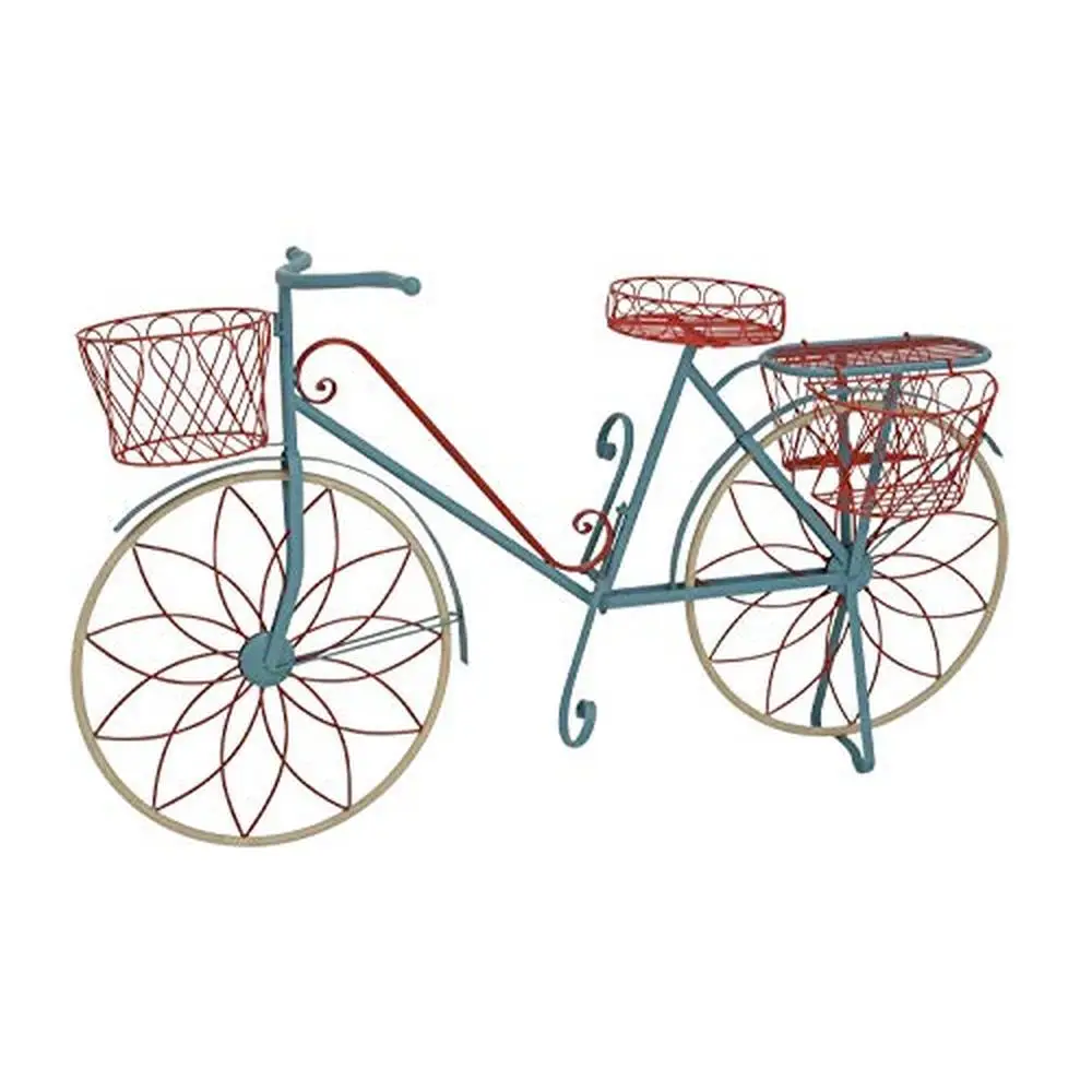 Vintage Metal Plant Stand with Wire Design and Basket Blue & Red Flower Pot Holder with Scrollwork Indoor Outdoor Plant Shelf