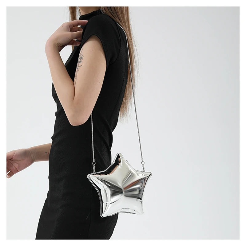 Five-Pointed Star Dinner Bag 2024 New Glossy Shoulder Bag Niche Design Gold and Silver Chain Women's Fun Party Bag