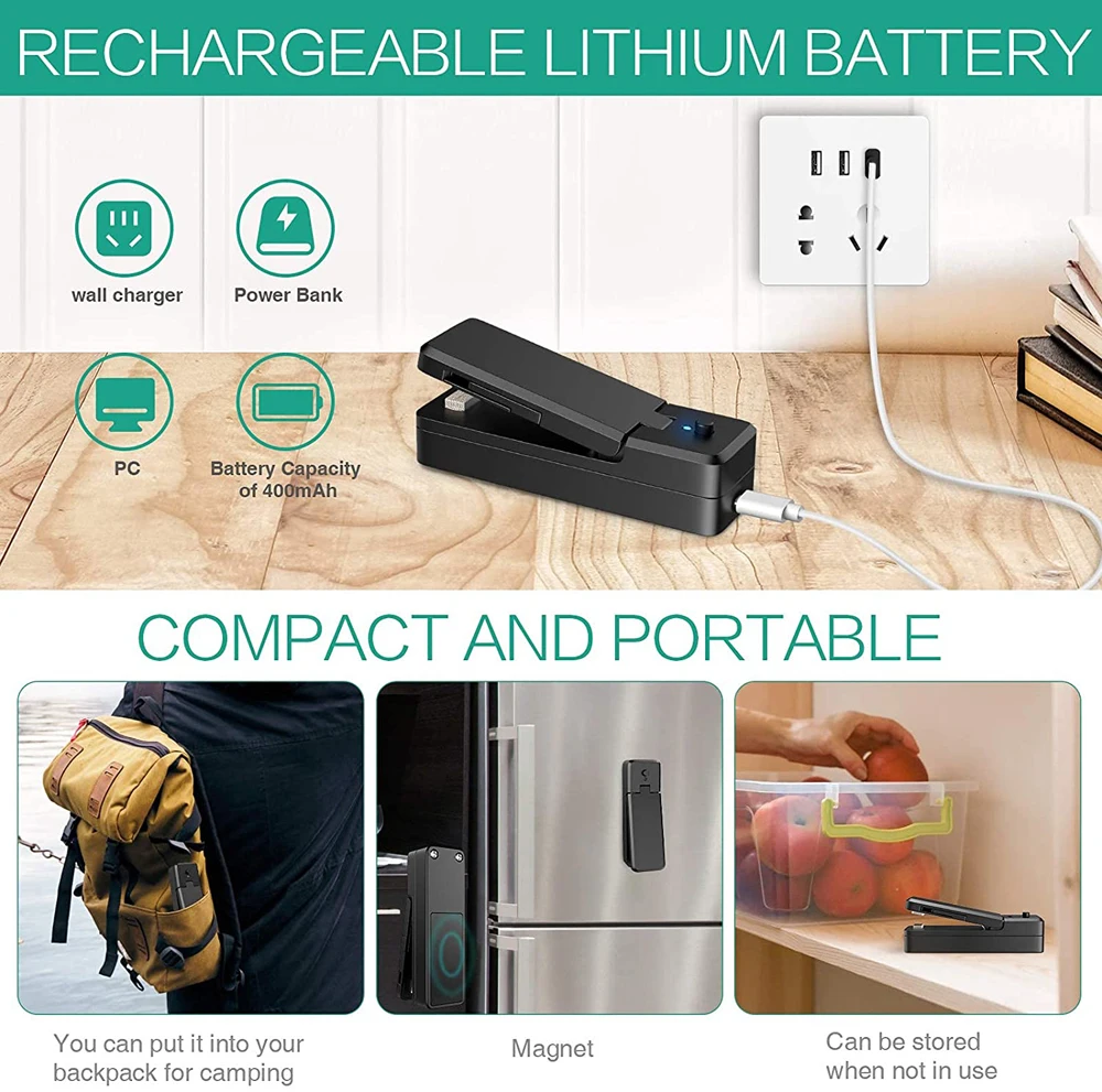 USB Mini Bag Sealer 2-in-1 Portable Heat Sealers Rechargeable Handheld Vacuum Heat Sealers &Cutter for Plastic Bag Storage Food 3
