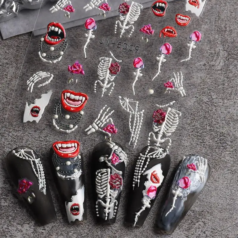 Halloween Nail Stickers 5D Skeleton Ghost Pattern Nail Decals Self-Adhesive Creepy Cosplay DIY Nail Art Decorations For Women 5