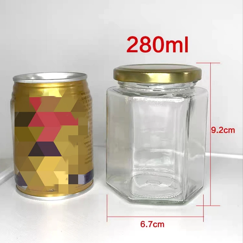 Hexagonal Glass Honey Jars with Gold Covers, Sealed Glass Bottle, Wedding, Birthday Party, Return Gifts, 280ml, 10 Units 6