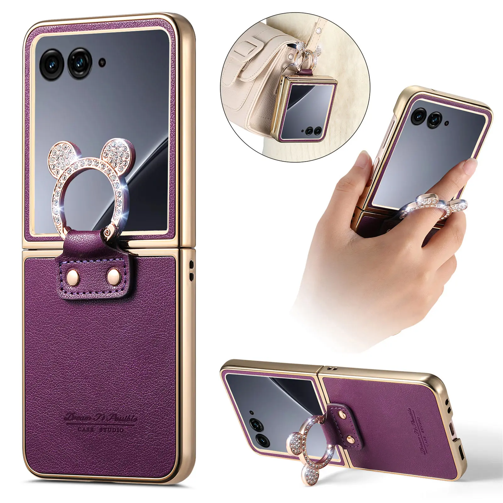 Elegant Magnetic Ring Holder Leather Case with Diamond Accents - Shockproof & Stylish Cover