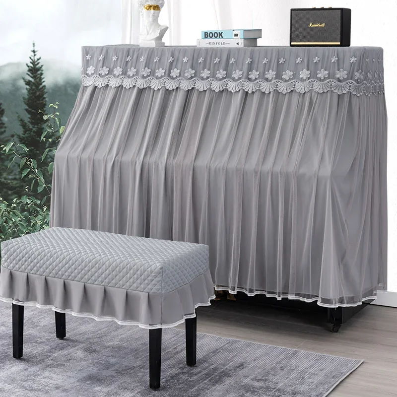 Gray Lace Embroidered Piano Cover Sheer Long Hem Piano Dust-proof Protective Anti Slip and Wear-resistant Pianos Stool Cover