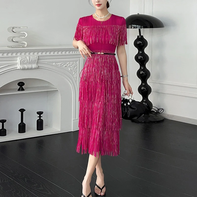 LANMREM Pleated Tassel Patchwork Deisn Summer Dress For Women 2025 New Round Collar Short Sleeve Slim Fit Dresses Chic 2DB2847 - Image 2