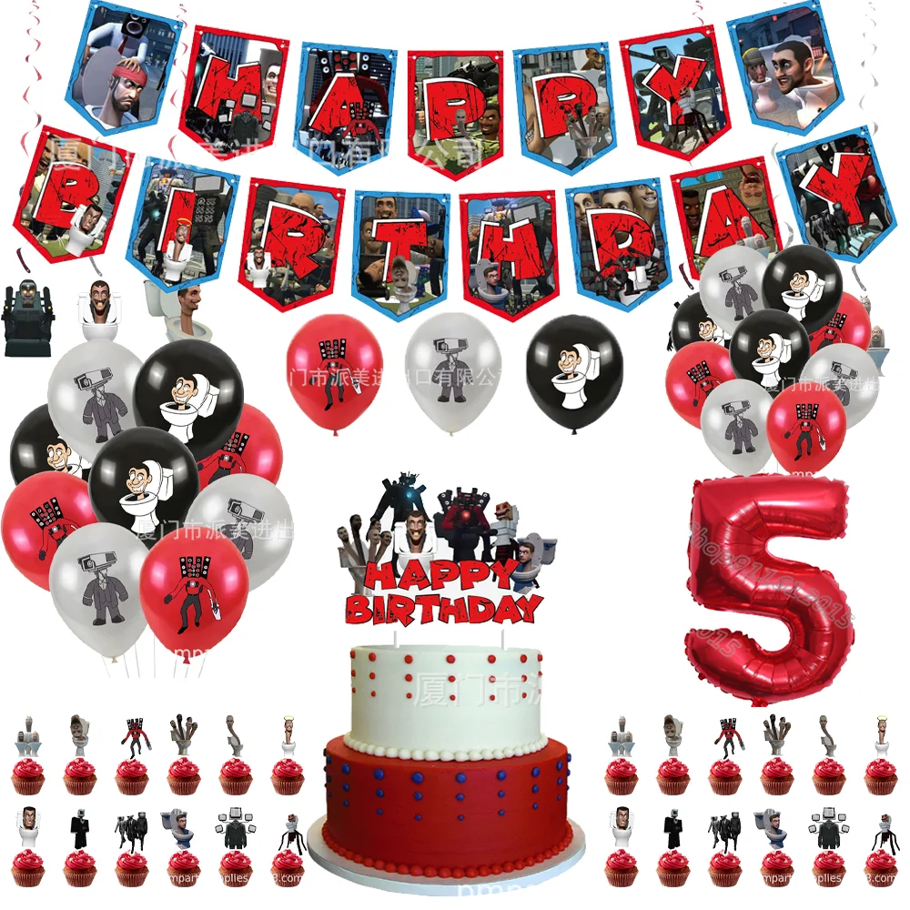 Skibidi Toilet Kids Birthday Party Decoration Cameraman Tv Man Balloons Hanging Swirls Toppers Banner Baby Shower Forniture Decor