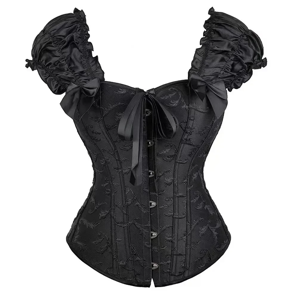 Corset Bustier Top Women Overbust Jacquard Lace Up Trim With Sleeves Off Shoulder Vintage Corselet Plus Size
