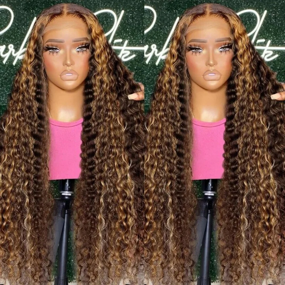 

Kinky Curly Lace Wig Ombre Brown Highlight Synthetic Lace Front Wig 13x4 Lace Frontal Wig Honey Blonde Deep Wave Pre Plucked Wig