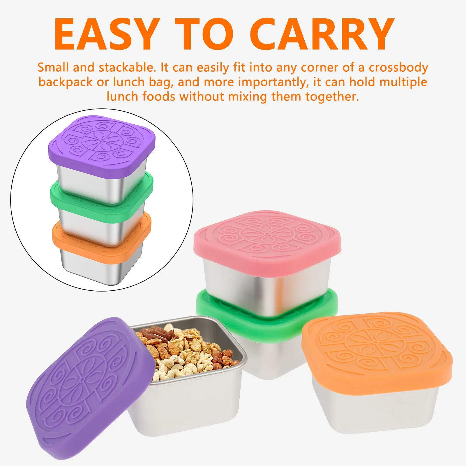 4Pcs Stainless Steel Snack Salad Box with Silicone Lid 2/6oz Leakproof Portable Stackable Sauce Container Dressing Food Storage 3