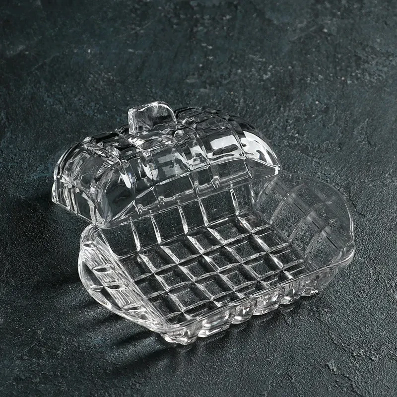 Light Luxury Clear Glass Butter Dish with Lid Creative Kitchen Grid Relief Boxes Western Food Cheese Dessert Butter Storage Box