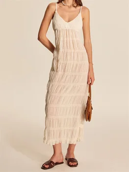 Women's Summer Long Dress Sleeveless Spaghetti Strap V Neck Pleated Dress Tie Back Dress 4