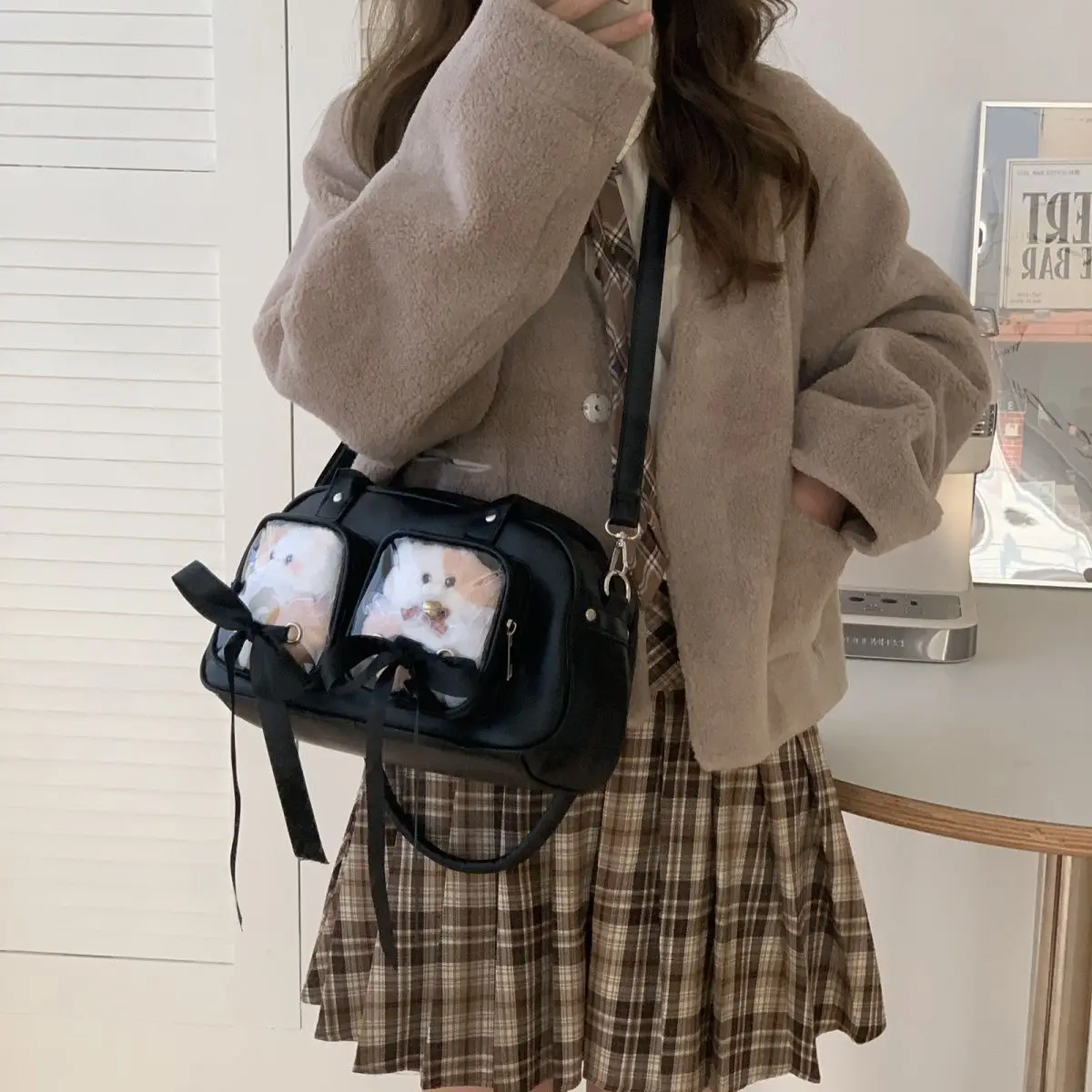 JIAERDI Harajuku Pink Bowling Bag Purse Women Sweet Cute Bow Silk Ribbon Ita Bag Wallet Ladies Transparent Shoulder Bags Handbag