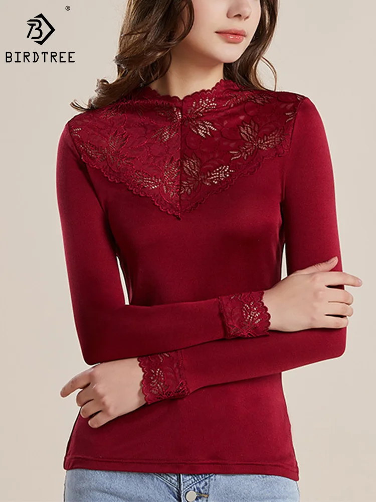 

Birdtree 100%Real Silk Solid Color Silkworm T-shirt Lace Embroidery Undershirt Female Autumn Winter Mock Neck Knitwears P3N386QM