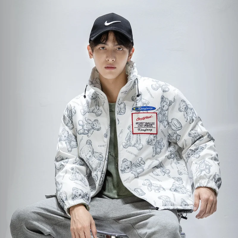 

Winter Jacket Hoodies KoreanThicken Couple Coat Warm Cartton Bear Loose Stand Collar Short Design White Duck Down