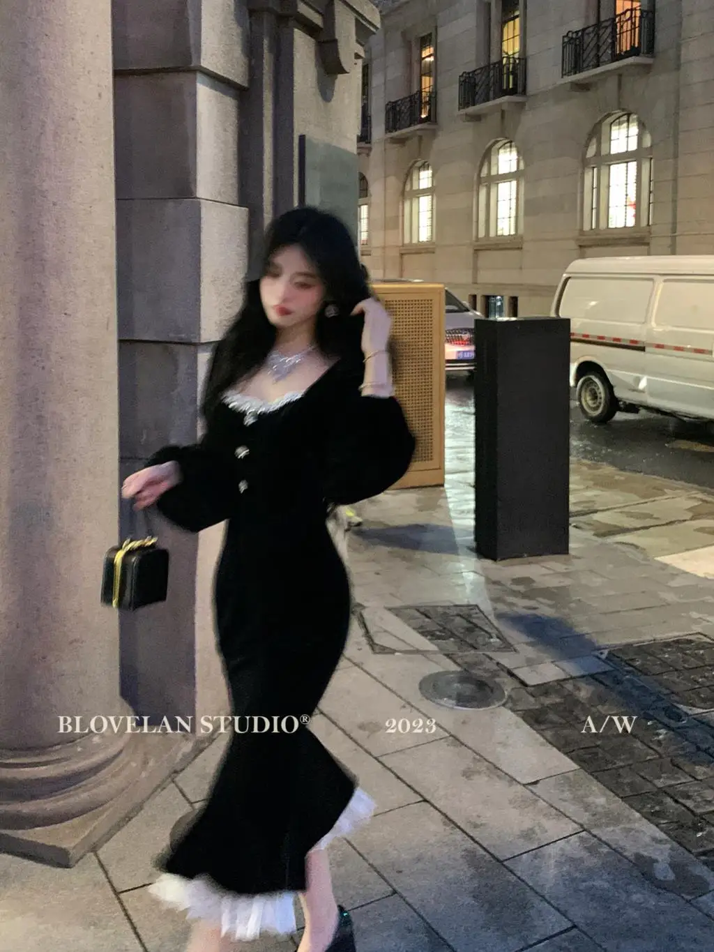 Elegant Black Velvet Midi Dresses for Women Square Collar Slim Bodycon Ruffles Patchwork Fishtail Autumn New Evening Party Dress