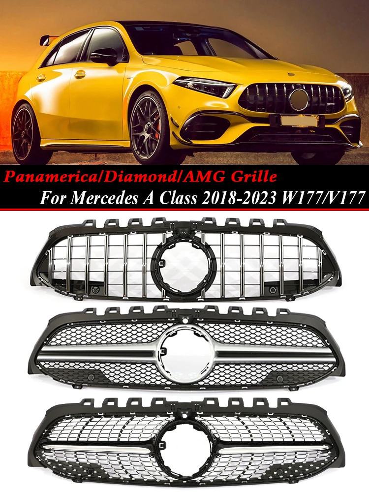 

For Mercedes Benz A Class W177 A35 A45 Style Front Bumper Panamericana GT Radiator Grille A180 A200 A250 AMG 2019 2020 2021