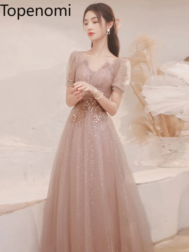 

Topenomi Elegant Pink Sequin Banquet Party Dress Women 2024 New Short Sleeve High Waist Long Quinceanera Dresses Slim Shiny Gown