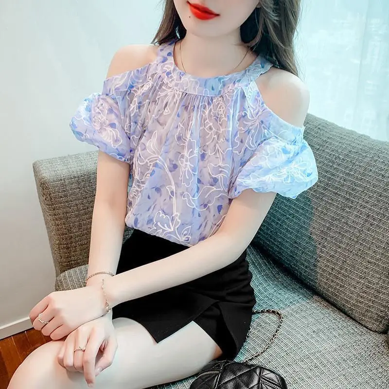 Fashionable Fairycore Summer New Blouses Women's Spliced Printing Loose Off the Shoulder Round Neck Short Sleeve Pullover Shirts