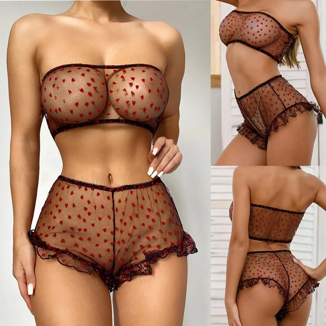 European and American Heart-shaped Mesh Ear-free Sexy Lingerie