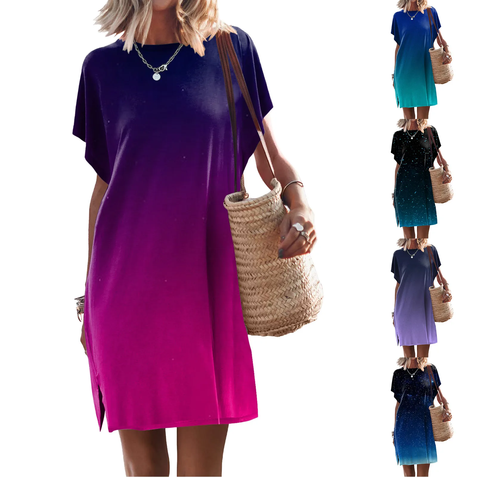 

Женское летнее платье-футболка с коротким рукавом, повседневное пляжное мини-платье с разрезом, туника, топ с принтом, уличная одежда, Повседневное платье с цветочным принтом