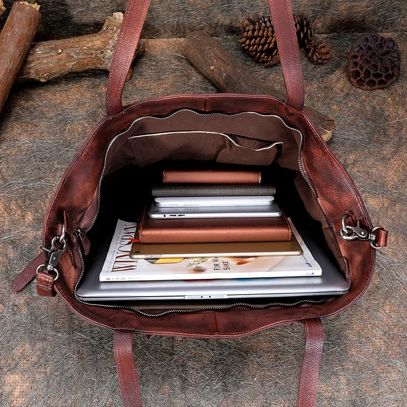 Large Capacity Women's Tote Bag Simple Genuine Leather Shopper Luxury Ladies Shoulder Bags Big Vintage Shopping Handbags