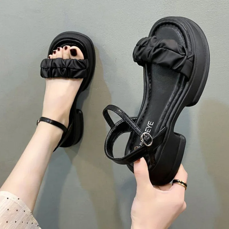 

Platform Outdoor One Word Sandals for Woman Footwear Buckles Black Summer 2024 Women's Shoes Casual with Free Shipping Offer Vip