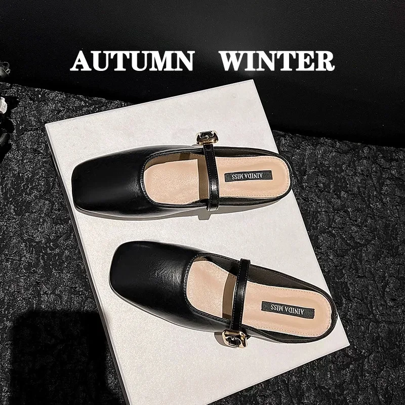 Soft Leather 2025  Silver Buckle Strap Casual Shoes Fashion Flats Elegant Glitter  Shoes Cover Toe Slippers Women Loafers 6