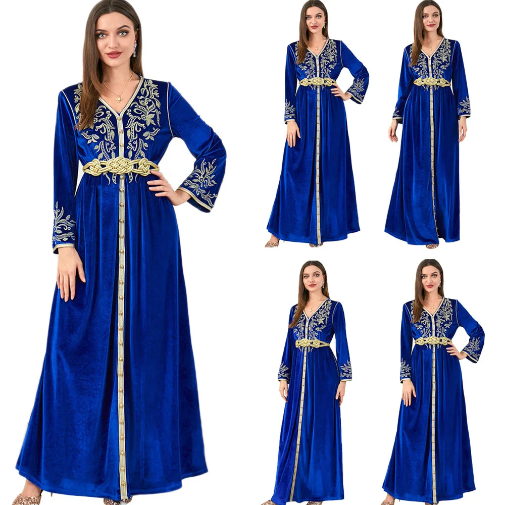 New Floral Embroidery Belted Dress Moroccan Caftan Woman Luxury Velvet