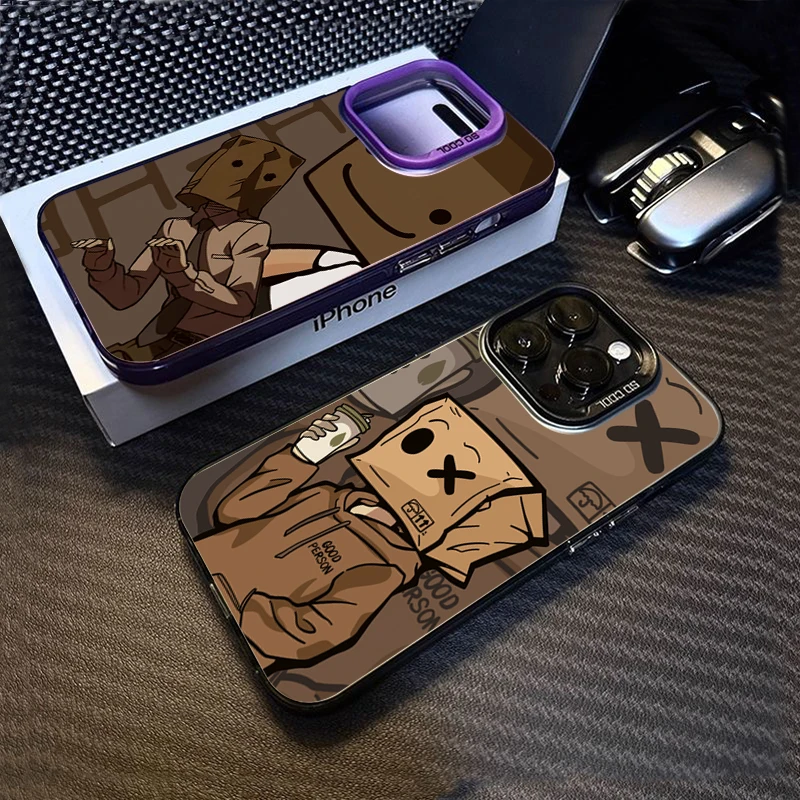Cartoon Box Man Pattern Plating Phone Case for iPhone 15 14 13 12 11 Pro Max XS X XR 7 8 Plus SE2 14Plus Shockproof Matte Cover