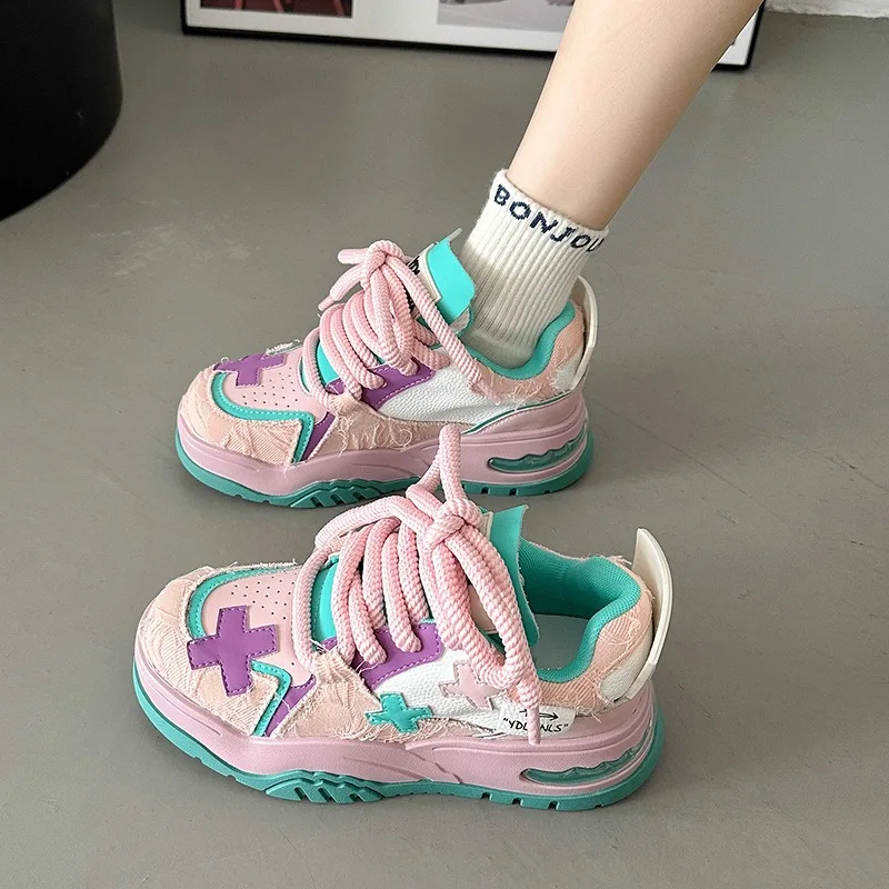 

SHANPA Pink Y2k Women Sneakers Casual Fashion Vintage Patchwork Student Platform Athletic Shoes Comfortable Vulcanized Footwear