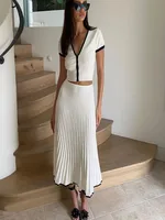 Summer Women White long Skirt Suit Short Sleeve V-neck crop top pleated set elegant dress 2 piece skirt set - Image 3