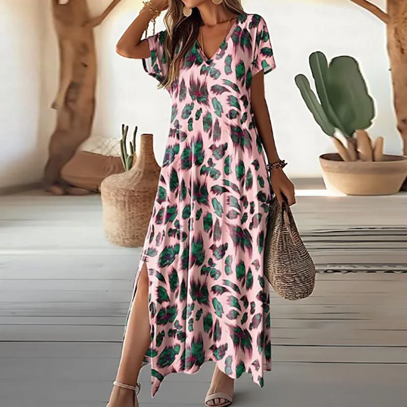 Summer Pattern Print V Neck Loose Dress Lady Short Sleeve Pleated Long Dress Elegant Casual Side