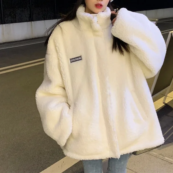 양털 자켓 두꺼운 플리스 루즈핏 여성용 가을 겨울 스웨트셔츠 반 오픈 가디건 신축성 긴 소매 무브랜드