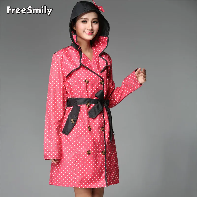 

Women Red Dots Bowknot Belt Stylish Rain Poncho Waterproof Raincoat with Hood Freesmily