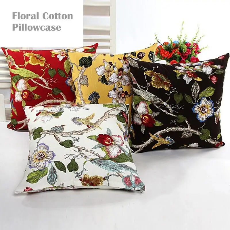 

45X45/55X55CM Hot Country Style Two Sides Print Floral Pillows Cover Cotton Linen Flowers Birds Print Sofa Cushion Cover Decor