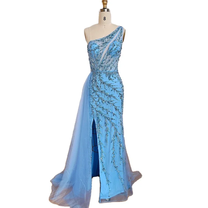 

Blue One Shoulder Beaded Mermaid Evening Dresses 2023 Customized Best Price Wedding Party Gowns For Women
