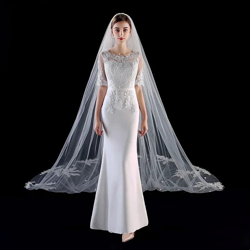 

Wholesale 3.5 Meter Cathedral wedding veil Sexy Ivory Lace Appliques Bridal Veils Welon katedralny Novia Boda Velo De Novia