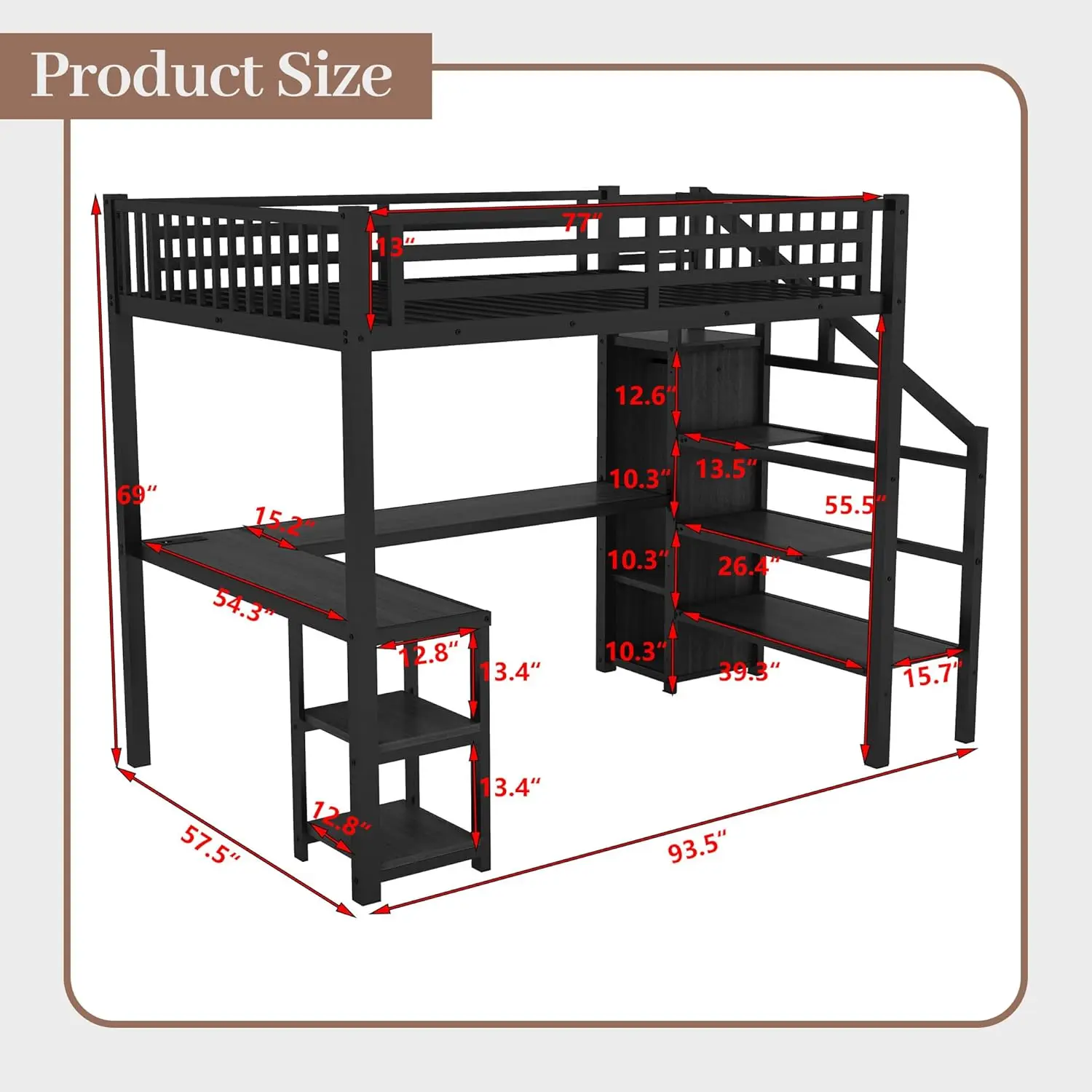 Full Size Loft Bed with Desk and Stairs Gaming Loft Bed with RGB LED Light and Storage Heavy-Duty Metal Lofts Beds Frame with