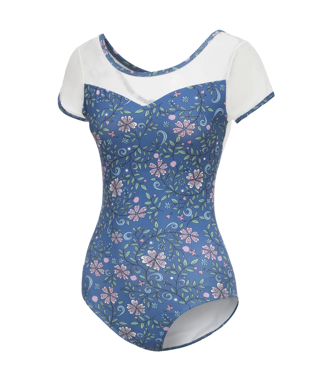 

short sleeved floral ballet leotard girls gymnastics jumpsuit blue ballet dance leotards for women adult air yoga clothes