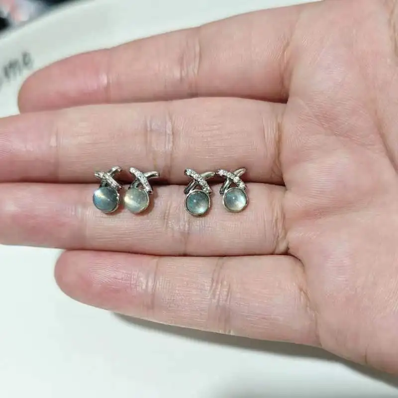 AAA Natural Moonstone Earrings Moonlight Stone 925 Silver Studs For Women Romantic delicate Jewelry Gift