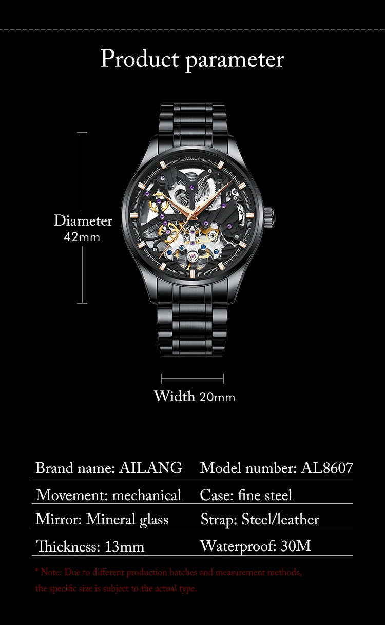 AILANG Transparent Mode Diamant Leucht Getriebe Bewegung Royal Design Männer Top Marke Luxus Männlichen Mechanische Skeleton Armbanduhr – Detail 6