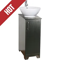 13" Bathroom Vanities Sink Combo Small Cuboid Stand Cabinet White Round Ceramic Vessel Sink  & Solid Brass Pop Up Drain 1