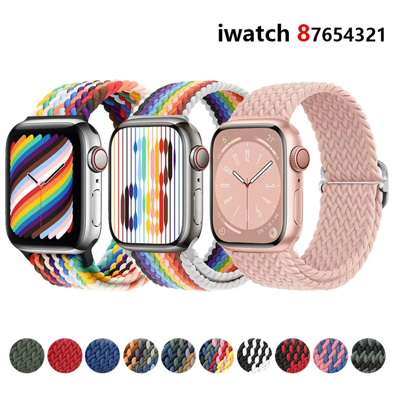 

Плетеный соло-браслет для Apple Watch 8 7 45 мм 41 мм 44 мм 40 мм 42 мм, регулируемый нейлоновый эластичный браслет iWatch 6 5 4 3 SE Ultra 49 мм