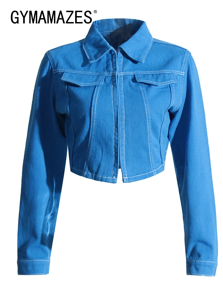

GYMAMAZES Spliced Zipper Denim Jackets For Women Lapel Long Sleeve Slimming Streetwear Crop Tops Female Fashion Clothing Spring
