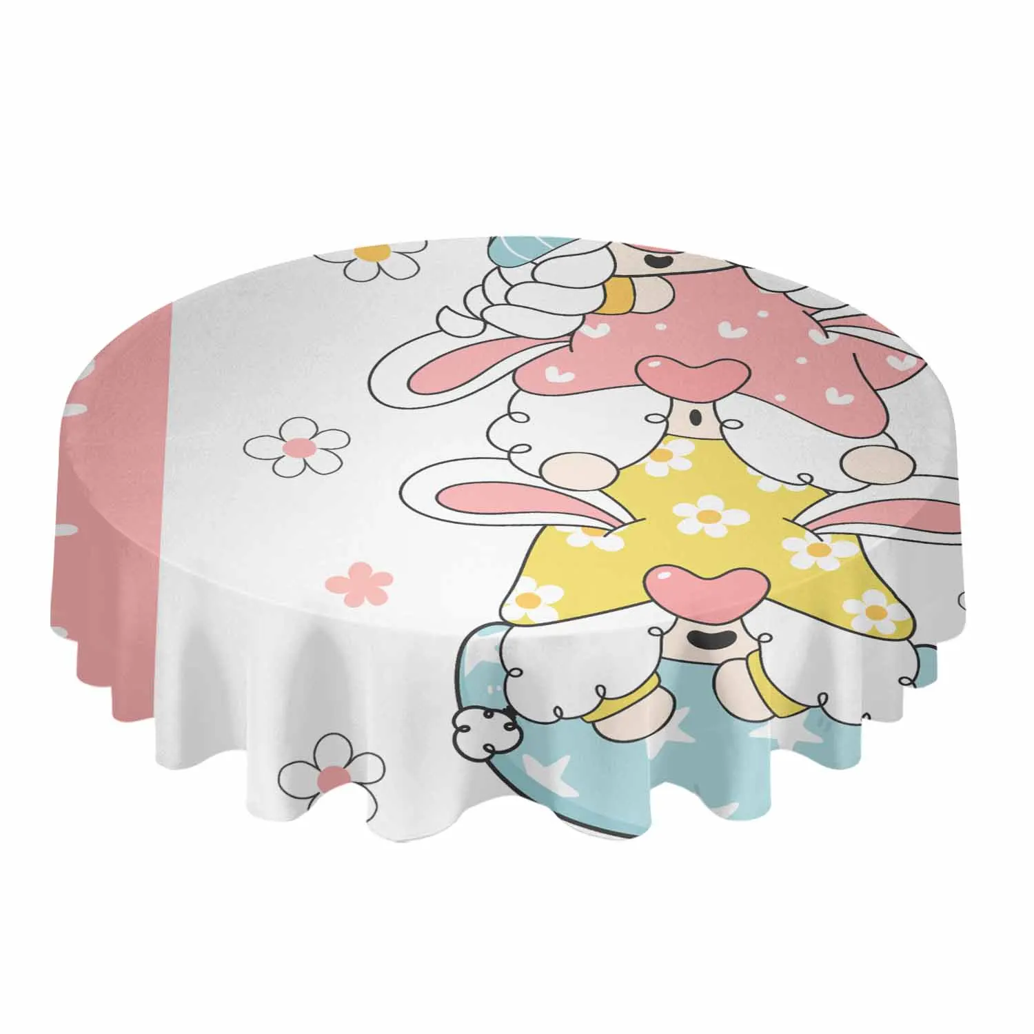 

Easter Gnome Bunny Ears Round Tablecloth Waterproof Wedding Banquet Table Cover Dining Decorative Tablecloth