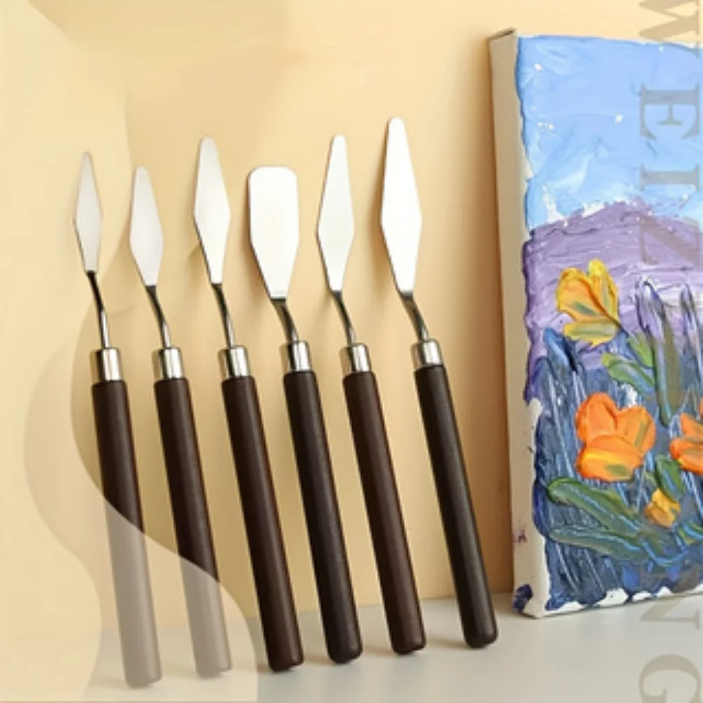7Pcs 나무 손잡이 팔레트 나이프 세트, 오일 아크릴 혼합용 멀티 컬러 스테인레스 스틸 페인팅 나이프, 아티스트 미술 용품