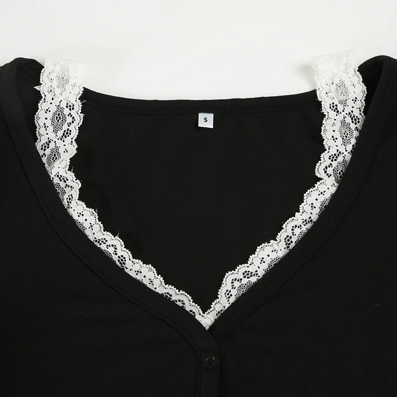 Contrast Lace Crew Neck Top Spring Casual Y2K Long Sleeve Buttons T-shirt Knitted Slim Basic Tee Shirt Streetwear 90s