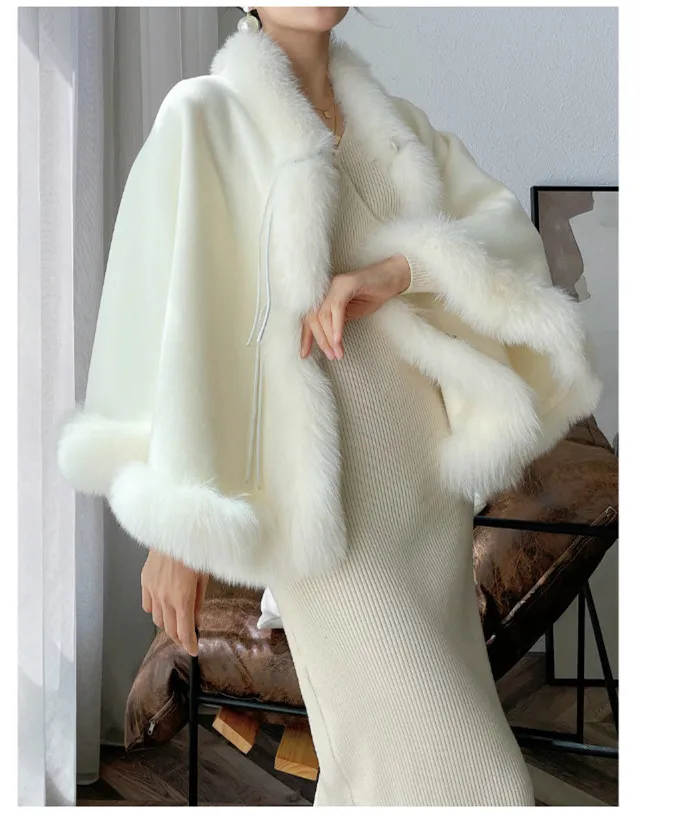Warme Winterumhänge für Damen, Übergröße, Fledermausärmel, Poncho, 100 % Wollschals mit echtem Fuchspelzbesatz, luxuriöse Wraps – Detail 3