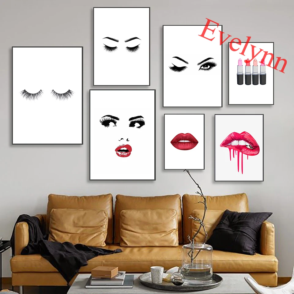 

Fashion Ladies Perfect Eyebrow Lashes & Red Lips Makeup Lipstick Print Posters Wall Art Modern Home Beauty Salon Deco Painting
