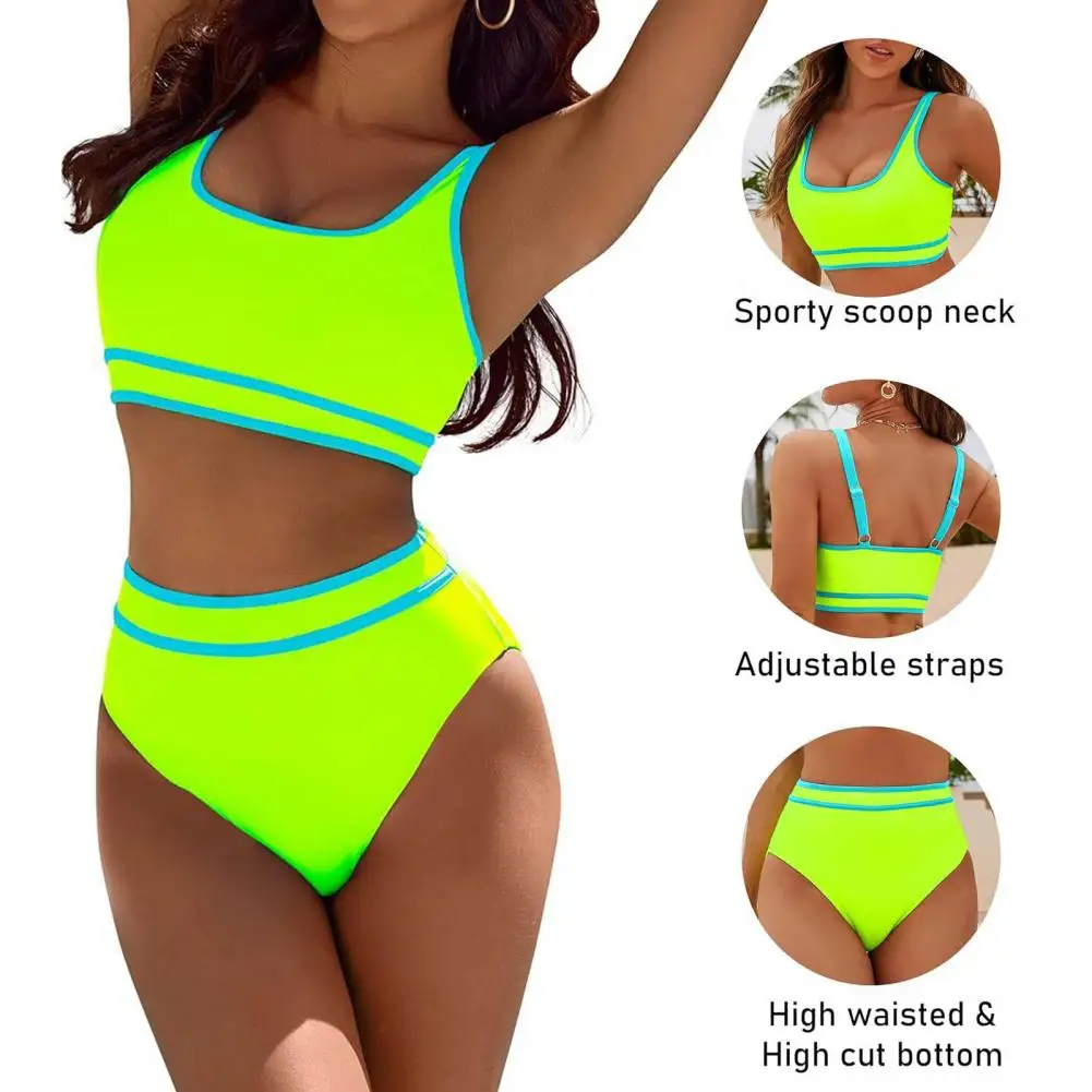 

Cutout Swimsuit Set Sporty High Waisted Bikini Sets for Women Contrast Color Swimsuit Tank Tops Set Two Piece Bathing Suits