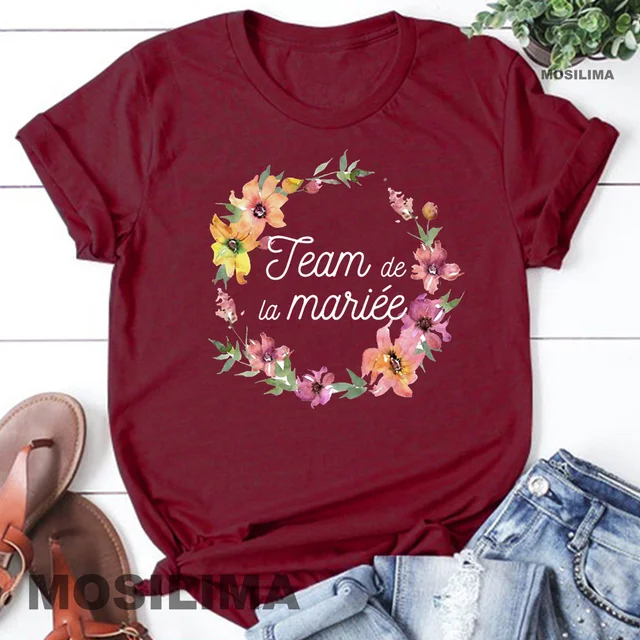 Team Bride Bachelorette Wedding Party Women Evjf Tee Shirt Casual ladies basic O-collar Pink Short Sleeved T-shirt Girl Wine red3